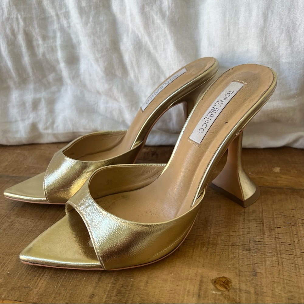 Tony Bianco “Marcel” heels in Gold Nappa Metallic, size 7